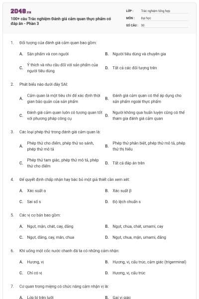 100+ câu Trắc nghiệm Đánh giá cảm quan thực phẩm có đáp án - Phần 3