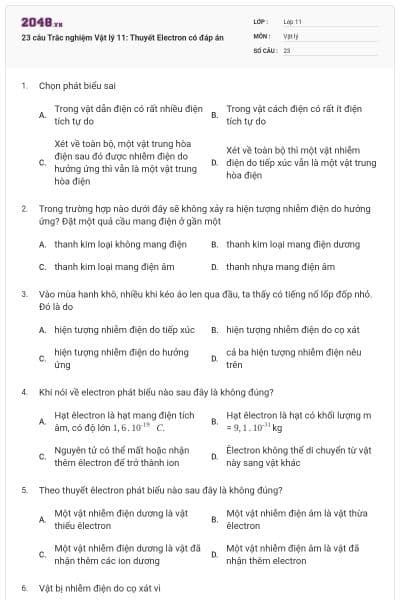 23 câu Trắc nghiệm Vật lý 11: Thuyết Electron có đáp án