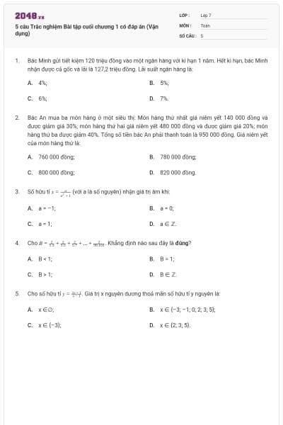 5 câu Trắc nghiệm Bài tập cuối chương 1 có đáp án (Vận dụng)