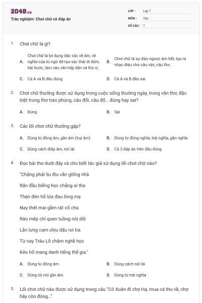 Trắc nghiệm: Chơi chữ có đáp án