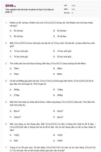 Trắc nghiệm Hai bài toán về phân số lớp 6 (có đáp án - phần 2)