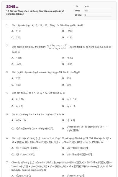 10 Bài tập Tổng của n số hạng đầu tiên của một cấp số cộng (có lời giải)