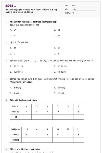 Bài tập hàng ngày Toán lớp 3 Kết nối tri thức Bài 5. Bảng nhân 3, bảng chia 3 có đáp án