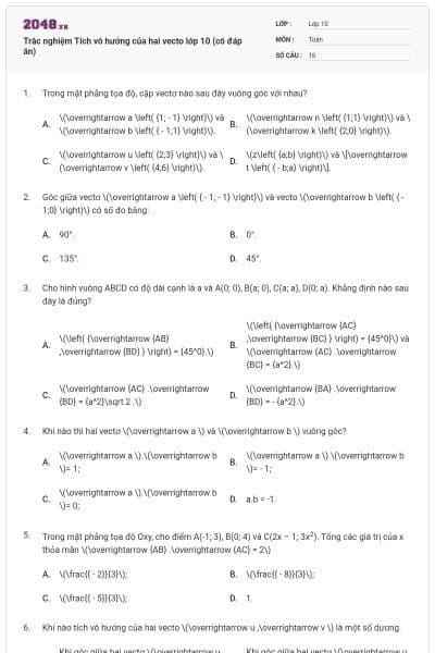 Trắc nghiệm Tích vô hướng của hai vecto lớp 10 (có đáp án)