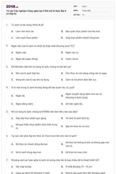 15 câu Trắc nghiệm Công nghệ lớp 5 Kết nối tri thức Bài 6 có đáp án