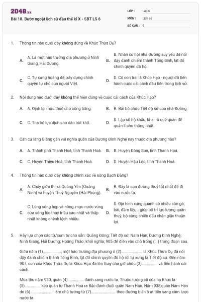 Bài 18. Bước ngoặt lịch sử đầu thế kỉ X - SBT LS 6