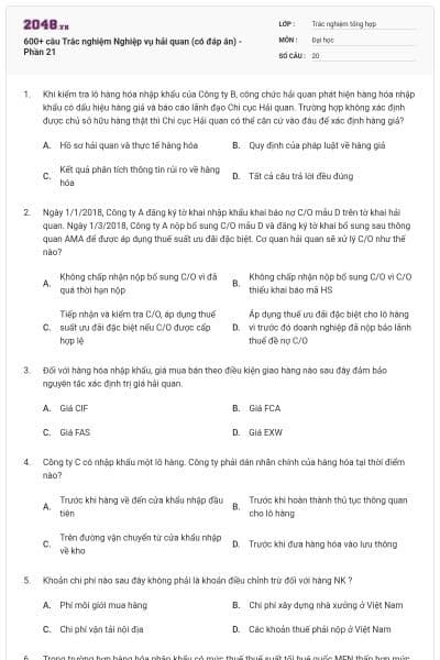 600+ câu Trắc nghiệm Nghiệp vụ hải quan (có đáp án) - Phần 21