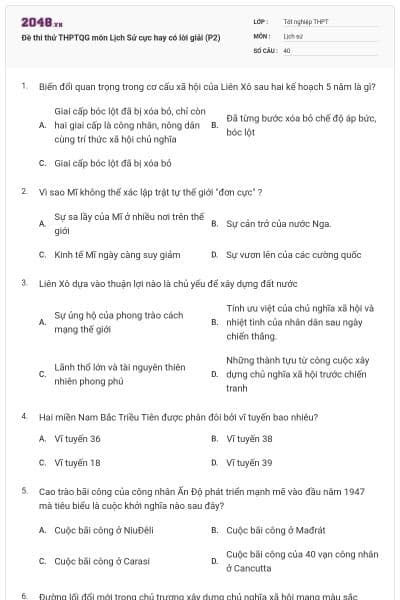 Đề thi thử THPTQG môn Lịch Sử cực hay có lời giải (P2)