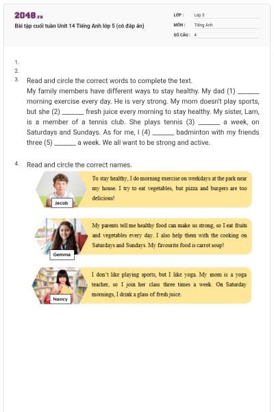 Bài tập cuối tuần Unit 14 Tiếng Anh lớp 5 (có đáp án)