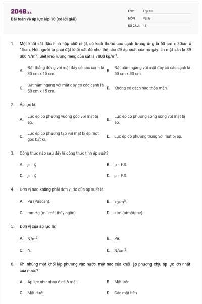 Bài toán về áp lực lớp 10 (có lời giải)