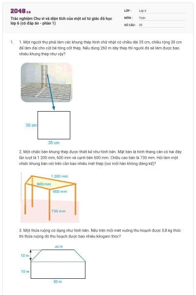 Trắc nghiệm Chu vi và diện tích của một số tứ giác đã học lớp 6 (có đáp án - phần 1)