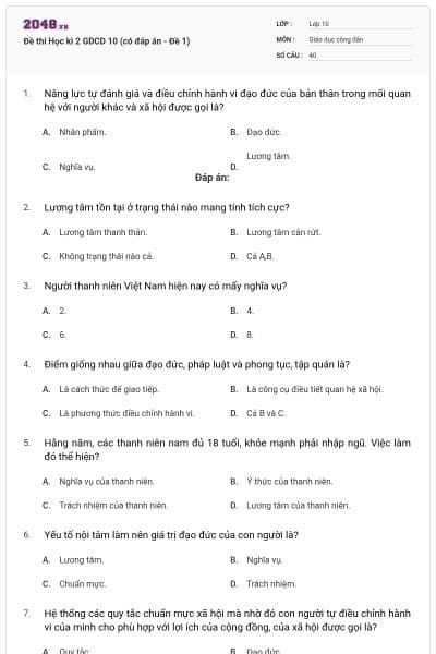 Đề thi Học kì 2 GDCD 10 (có đáp án - Đề 1)
