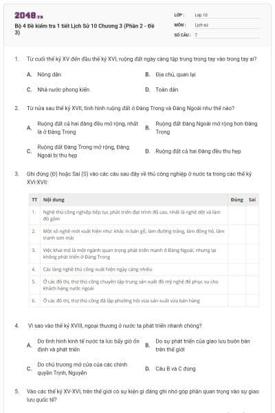 Bộ 4  Đề kiểm tra 1 tiết Lịch Sử 10 Chương 3 (Phần 2 - Đề 3)