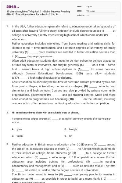 30 câu trắc nghiệm Tiếng Anh 11 Global Success Reading điền từ: Education options for school có đáp án
