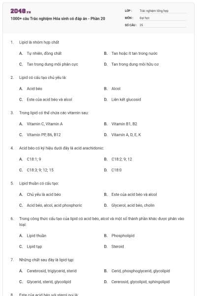 1000+ câu Trắc nghiệm Hóa sinh có đáp án - Phần 20