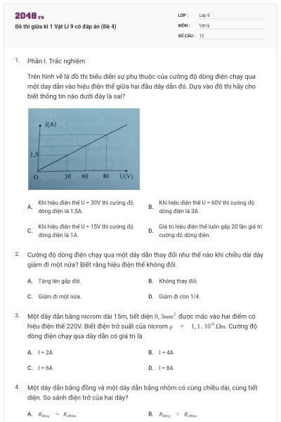Đề thi giữa kì 1 Vật Lí 9 có đáp án (Đề 4)