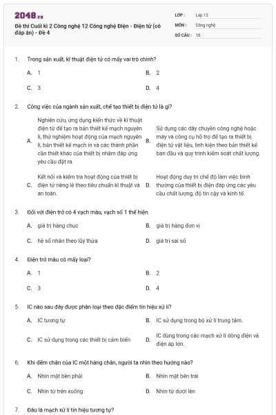 Đề thi Cuối kì 2 Công nghệ 12 Công nghệ Điện - Điện tử (có đáp án) - Đề 4