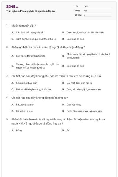 Trắc nghiệm Phương pháp tả người có đáp án