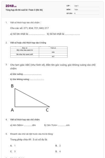 Tổng hợp đề thi cuối kì I Toán 3 (Đề 36)