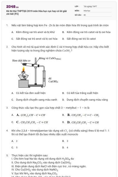 Đề thi thử THPTQG 2019 môn Hóa học cực hay có lời giải chi tiết (P2)