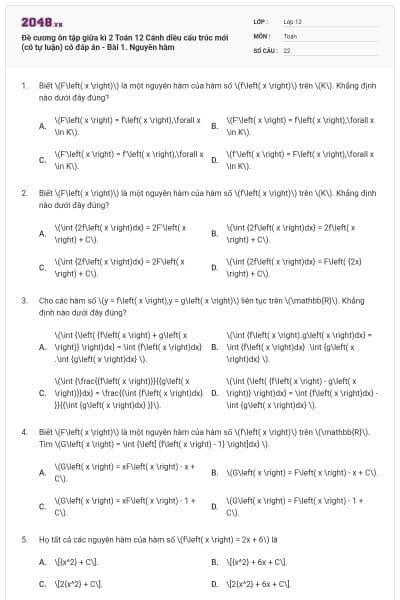 Đề cương ôn tập giữa kì 2 Toán 12 Cánh diều cấu trúc mới (có tự luận) có đáp án - Bài 1. Nguyên hàm