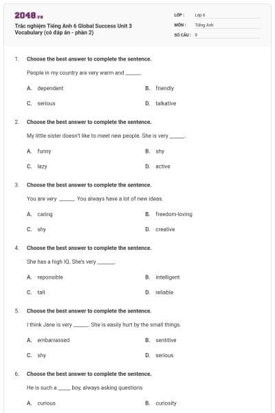 Trắc nghiệm Tiếng Anh 6 Global Success Unit 3 Vocabulary (có đáp án - phần 2)