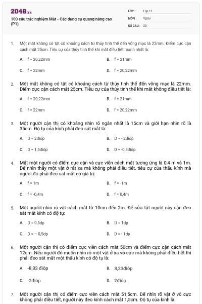 100 câu trắc nghiệm Mắt - Các dụng cụ quang nâng cao (P1)