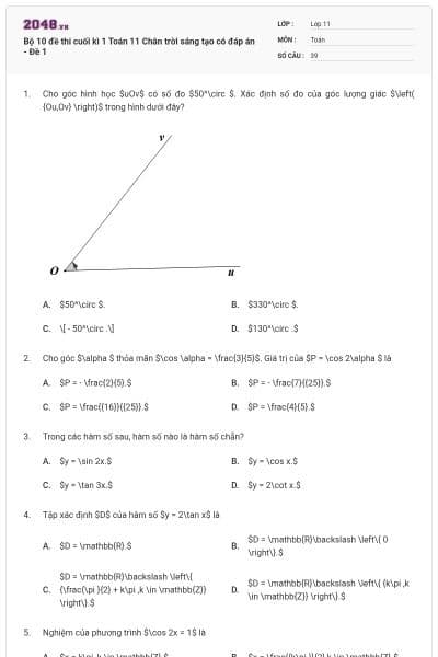Bộ 10 đề thi cuối kì 1 Toán 11 Chân trời sáng tạo có đáp án - Đề 1