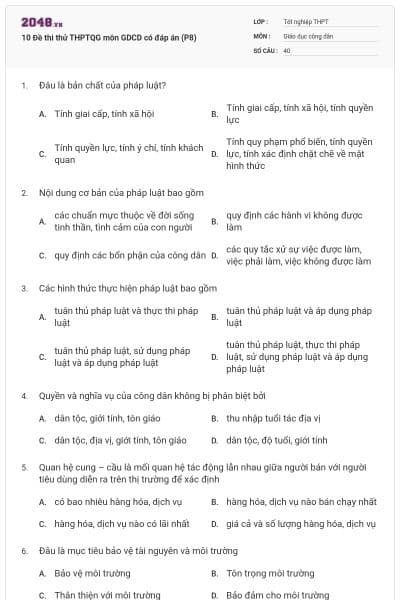 10 Đề thi thử THPTQG môn GDCD có đáp án (P8)