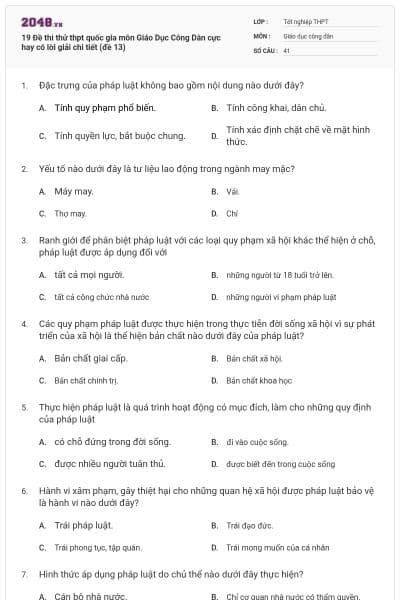 19 Đề thi thử thpt quốc gia môn Giáo Dục Công Dân cực hay có lời giải chi tiết (đề 13)