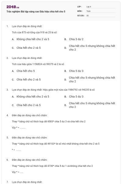 Trắc nghiệm Bài tập nâng cao Dấu hiệu chia hết cho 5