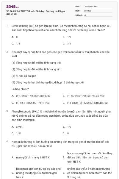 30 đề thi thử THPTQG môn Sinh học Cực hay có lời giải (Đề số 28)