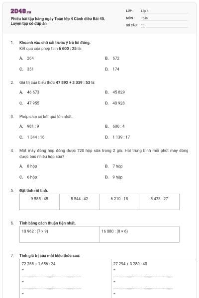 Phiếu bài tập hàng ngày Toán lớp 4 Cánh diều Bài 45. Luyện tập có đáp án