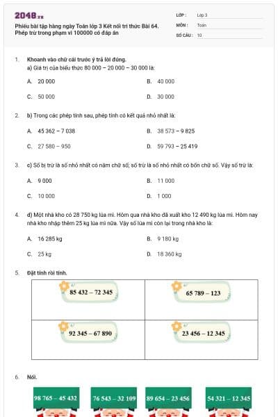 Phiếu bài tập hàng ngày Toán lớp 3 Kết nối tri thức Bài 64. Phép trừ trong phạm vi 100000 có đáp án