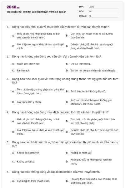 Trắc nghiệm : Tóm tắt văn bản thuyết minh có đáp án