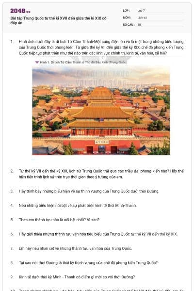 Bài tập Trung Quốc từ thế kỉ XVII đến giữa thế kỉ XIX có đáp án