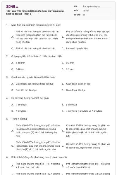 400+ câu Trắc nghiệm Công nghệ rượu bia và nước giải khát có đáp án - Phần 8