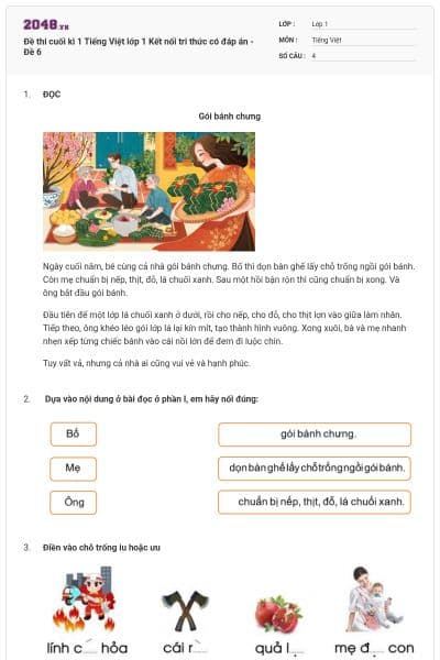 Đề thi cuối kì 1 Tiếng Việt lớp 1 Kết nối tri thức có đáp án - Đề 6