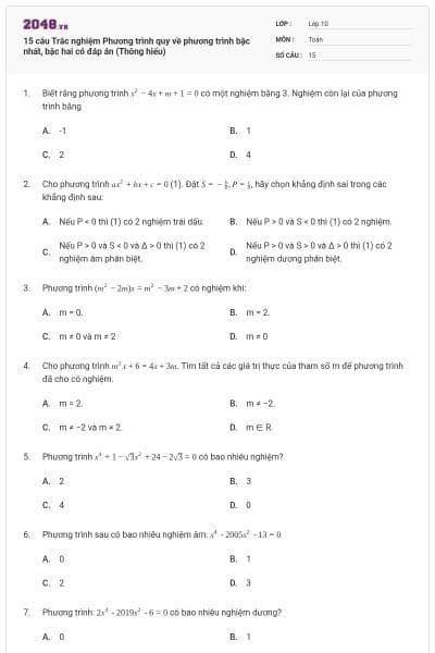 15 câu Trắc nghiệm Phương trình quy về phương trình bậc nhất, bậc hai có đáp án (Thông hiểu)