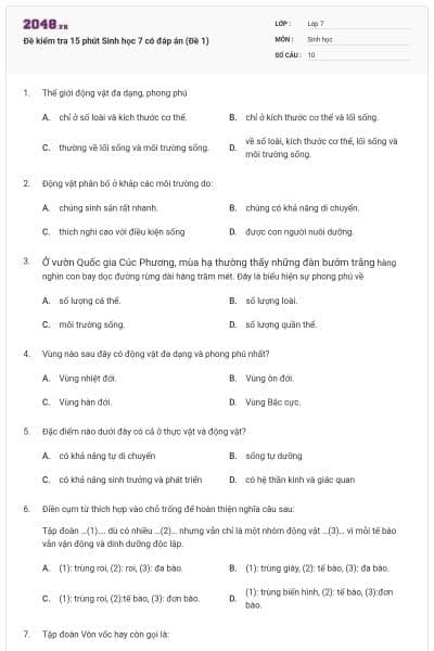 Đề kiểm tra 15 phút Sinh học 7 có đáp án (Đề 1)