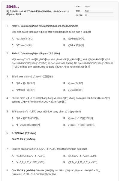 Bộ 5 đề thi cuối kì 2 Toán 6 Kết nối tri thức cấu trúc mới có đáp án - Đề 3