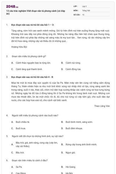 13 câu trắc nghiệm Viết đoạn văn tả phong cảnh (có đáp án)