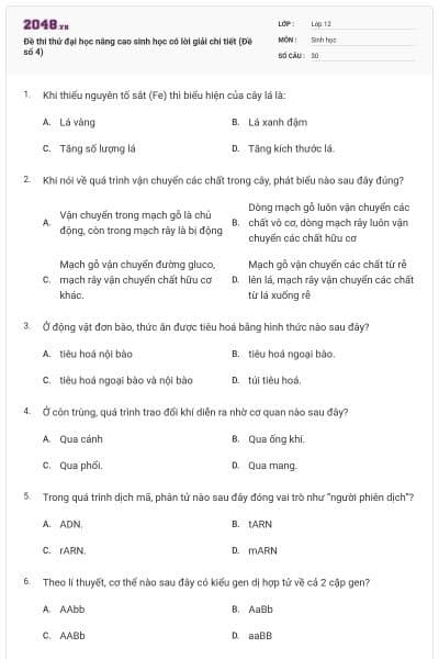 Đề thi thử đại học nâng cao sinh học có lời giải chi tiết (Đề số 4)