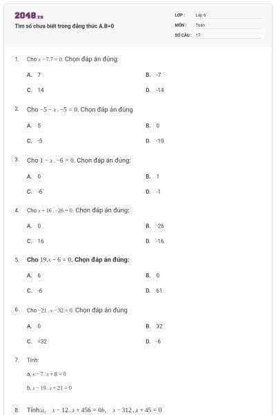 Tìm số chưa biết trong đẳng thức A.B=0