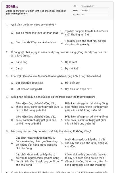 30 Đề thi thử THPTQG môn Sinh Học chuẩn cấu trúc có lời giải chi tiết (Đề số 8)