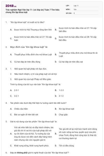 Trắc nghiệm Ngữ Văn lớp 11: (có đáp án) Tuần 7 Tìm hiểu chung Xin lập khoa luật