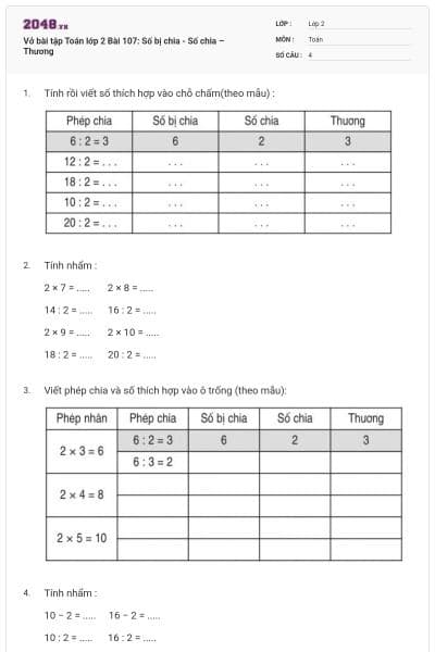 Vở bài tập Toán lớp 2 Bài 107: Số bị chia - Số chia – Thương