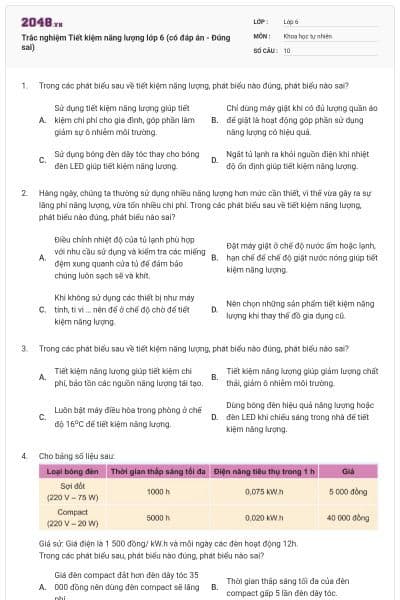 Trắc nghiệm Tiết kiệm năng lượng lớp 6 (có đáp án - Đúng sai)
