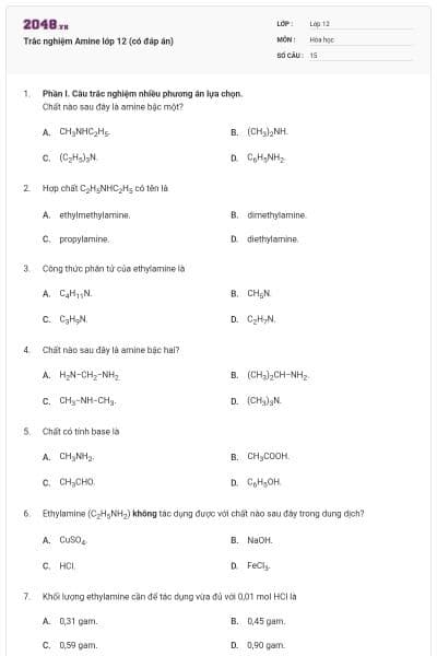 Trắc nghiệm Amine lớp 12 (có đáp án)