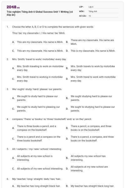 Trắc nghiệm Tiếng Anh 6 Global Success Unit 1 Writing (có đáp án)